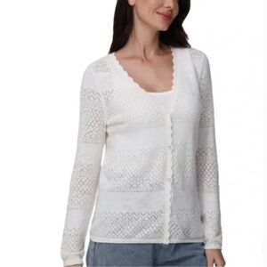 Frye Ivory Pointelle Scalloped Edge Cotton Women's Cream Lace Cardigan Large
